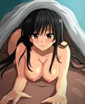  all_fours bent_over black_hair blush breasts brown_eyes couple erect_nipples girl_on_top hanging_breasts kotegawa_yui large_breasts long_hair looking_at_viewer lying lying_down navel nipples nude oppai smile spread_legs to_love-ru when_you_see_it 