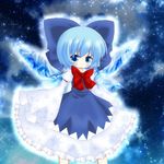  bad_id bad_pixiv_id blue_dress blue_eyes blue_hair blush bow bowtie cirno cocozasa dress frilled_skirt frilled_sleeves frills hair_bow highres long_sleeves red_bow red_neckwear ribbon shirt short_hair skirt sleeves_past_wrists smile snowflakes solo space touhou wide_sleeves wings 
