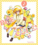  bespectacled blonde_hair blush cardigan eighth_note eyelashes glasses hairband highres kise_yayoi kneehighs loafers minimaru musical_note nanairogaoka_middle_school_uniform precure school_uniform shoes sitting skirt smile_precure! solo speech_bubble spoken_musical_note white_hairband 
