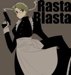  ahoge america_(hetalia) axis_powers_hetalia blonde_hair blue_eyes cocked_hammer crossdressing error gloves gun handgun kisaragi_n m1911 maid male_focus pistol smoke smoking_gun solo weapon 