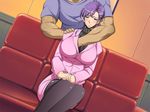  breasts grope large_breasts oppai pantyhose purple_hair tagme 