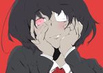  another black_hair blush eyepatch hands_on_own_cheeks hands_on_own_face highres misaki_mei parody portrait red_background red_eyes simple_background solo yandere_trance 
