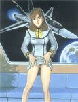  1boy 1girl 80&#039;s 80s :&gt; brown_hair green_eyes hayase_misa legs long_hair looking_at_viewer macross military military_uniform no_pants presenting pubic_hair skirt skirt_lift solo space the_super_dimension_fortress_macross u.n._spacy uncensored undressing uniform vagina vf-1 when_you_see_it 