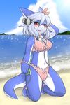  bikini blush breasts camel_toe clothed clothing cute dragon female hair headphones kame_3 kneeling outside pose red_eyes scalie seaside skimpy solo swimsuit tight_clothing 