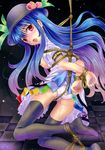  arms_behind_back bdsm black_thighhighs blue_hair bondage crotch_rope food food_as_clothes fruit hat hinanawi_tenshi motatei pantsu peach red_eyes rope shibari solo thighhighs touhou white_panties 