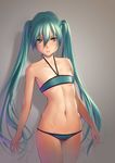  aqua_eyes aqua_hair bikini commentary flat_chest hatsune_miku highres hip_bones long_hair looking_at_viewer lowleg lowleg_panties navel panties pinakes shadow solo standing swimsuit twintails underwear vocaloid 