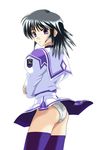  ayamine_kei black_hair looking_back muvluv pantsu purple_eyes school_uniform short_hair simple_background skirt thighhighs 