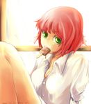  amputee cleavage green_eyes ice_cream katawa_shoujo leg_up popsicle red_hair shirt short_hair tezuka_rin white_shirt 