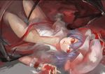  arm_up bad_id bad_pixiv_id bat_wings blood blue_hair bottomless hat hat_ribbon lying no_bra on_back open_clothes open_shirt ran_(pixiv2957827) red_eyes remilia_scarlet ribbon shirt short_hair solo touhou wings wrist_cuffs 