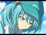  anime_coloring aqua_eyes aqua_hair closed_mouth cloud day face hair_bobbles hair_ornament hat kawashiro_nitori letterboxed rhine short_hair sky smile solo touhou two_side_up 