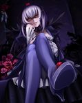  crossed_legs dress flower frills gothic_lolita hairband high_heels highres legs lolita_fashion long_hair mtyy pantyhose purple_legwear red_eyes rozen_maiden sadism shaded_face shoes silver_hair sitting solo suigintou wings 