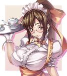  anna_miller asa_(xametaler) blush bow breasts brown_eyes brown_hair cup glasses gloves hair_bow large_breasts long_hair original ponytail puffy_sleeves ribbon ribbon-trimmed_gloves ribbon_trim solo tray waitress 