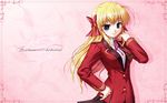  bekkankou blonde_hair copyright_name fortune_arterial hair_ribbon highres long_hair looking_at_viewer purple_eyes ribbon school_uniform sendou_erika shirt shuuchikan_academy_uniform skirt solo wallpaper 