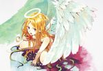  angel angel_wings apple blonde_hair food fruit hair_censor halo hrd long_hair nude original purple_eyes solo squatting very_long_hair wings 