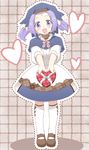  alternate_costume alternate_hairstyle bad_id bad_pixiv_id blue_eyes box capelet dress full_body gift gift_box heart heart-shaped_box hood kumoi_ichirin lavender_hair naka_akira open_mouth short_hair smile solo thighhighs touhou twintails valentine white_legwear 