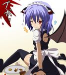  ? alternate_costume animal_ears apron back_cutout bat_wings black_legwear blue_hair blush bow cake cat_ears cookie cream cup dr._cryptoso enmaided fallen_down fang food food_on_face fruit highres kemonomimi_mode maid maid_headdress no_shoes one_eye_closed red_eyes remilia_scarlet sexually_suggestive shirt short_hair sitting solo strawberry tears thighhighs touhou tray wings wrist_cuffs zettai_ryouiki 