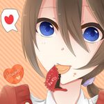  bad_id bad_pixiv_id blue_eyes brown_hair candy_wrapper eating heart long_hair lowres nino1204 original ponytail solo speech_bubble wrapper 