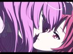  dutch_angle face hat imminent_kiss koakuma letterboxed long_hair multiple_girls open_mouth parody patchouli_knowledge purple_eyes purple_hair red_eyes red_hair rhine ribbon strawberry_panic! touhou yuri 