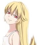  bakemonogatari blonde_hair cosplay face fang flandre_scarlet flat_chest hair_down head_tilt long_hair monogatari_(series) no_hat no_headwear no_wings oshino_shinobu oshino_shinobu_(cosplay) parody red_eyes shaft_look slit_pupils smile solo tank_top tori_(minamopa) touhou upper_body vampire white_background 