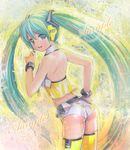  alternate_costume aqua_eyes aqua_hair ass back bracelet hatsune_miku headphones headset jewelry long_hair looking_back mayo_riyo midriff project_diva_(series) project_diva_2nd sample smile solo thighhighs traditional_media twintails very_long_hair vocaloid yellow_(vocaloid) 