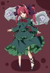 alternate_hairstyle animal_ears bad_id bad_pixiv_id bow cat_ears dress fang flaming_skull green_dress hair_bow kaenbyou_rin kuromari_(runia) open_mouth red_eyes red_hair smile solo touhou twintails 