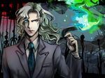  bad_id bad_pixiv_id blue_fire fire formal glowing glowing_eye green_fire grey_hair hair_down hair_ribbon lips long_hair luneru22 male_focus necktie ribbon silver_hair solo suit tiger_&amp;_bunny yuri_petrov 