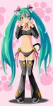  animal_ears arms_up bad_id bad_pixiv_id bell blush cat_ears cat_tail choker detached_sleeves green_eyes green_hair hatsune_miku head_tilt highres jingle_bell kayama_kenji long_hair navel paw_pose solo tail thighhighs twintails very_long_hair vocaloid 