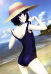  absurdres another ass beach cloud day eyepatch hat highres ishii_yuriko looking_at_viewer looking_back misaki_mei nyantype ocean official_art one-piece_swimsuit outdoors pale_skin red_eyes scan school_swimsuit shiny shiny_clothes sky solo sun_hat swimsuit undressing water 