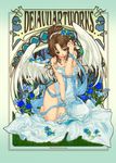  adjusting_hair angel art_nouveau bare_shoulders bird breasts brown_hair cleavage dress flower green_eyes hair_flower hair_ornament kneeling malino_(dream_maker) medium_breasts no_panties original solo strap_slip thighs wings 