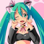  animal_ears arms_up bad_id bad_pixiv_id bell blush cat_ears choker face fang green_eyes green_hair hatsune_miku head_tilt jingle_bell kayama_kenji long_hair one_eye_closed open_mouth paw_pose solo twintails vocaloid 