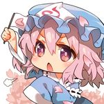  :&lt; arm_up blush cherry_blossoms chestnut_mouth chibi flag hat long_sleeves open_mouth petals pink_eyes pink_hair saigyouji_yuyuko shimoda-kon short_hair sleeves_past_wrists solo touhou triangular_headpiece white_flag 