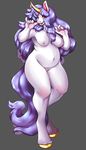  belly big_hair black-kalak breasts chubby equine female hair hooves horn long_hair mammal on_one_foot on_one_leg pudgy purple_hair pussy red_eyes smile solo unicorn voluptuous wide_hips 