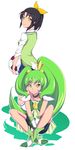  ball boots bow bowtie choker circlet cure_march dual_persona green green_choker green_eyes green_hair green_neckwear green_shorts highres kani_get kneehighs long_hair midorikawa_nao nanairogaoka_middle_school_uniform ponytail precure ribbon school_uniform shorts shorts_under_skirt sitting skirt sleeves_rolled_up smile smile_precure! soccer_ball sweater_vest telstar tiara tri_tails white_background wrist_cuffs 