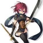  black_legwear black_panties dual_wielding fingerless_gloves gloves holding looking_at_viewer nel_zelpher panties purple_eyes red_hair scarf short_hair simple_background solo star_ocean star_ocean_till_the_end_of_time sword tattoo thighhighs underwear weapon white_background yato 