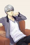  belt chair easy_chair formal glasses grey_eyes grey_hair hand_on_own_face jacket long_sleeves looking_at_viewer male_focus narukami_yuu pants persona persona_4 sitting smile solo umechiui v-neck 