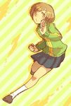  bad_id bad_pixiv_id badge breasts brown_hair button_badge clenched_hand fighting_stance medium_breasts nemuko o3o persona persona_4 pocket running satonaka_chie shoes short_hair skirt solo thighhighs turtleneck yellow_eyes 
