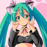  animal_ears arms_up bad_id bad_pixiv_id bell blush cat_ears choker face green_eyes green_hair hatsune_miku head_tilt jingle_bell kayama_kenji long_hair paw_pose solo twintails vocaloid 