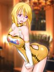 ^jj^ ass bare_shoulders blonde_hair blush breasts bridal_gauntlets charlotte_dunois cleavage clothes_writing elbow_gloves gloves huge_breasts infinite_stratos leaning_forward long_hair looking_back no_panties open_mouth purple_eyes skirt skirt_tug solo standing thighs worried 