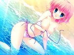  :o bare_shoulders beach bikini blue_eyes blush breast_hold breasts cleavage dutch_angle frilled_bikini frills game_cg highres himezono_risa large_breasts light_rays looking_at_viewer mitha navel nipple_slip nipples open_mouth outdoors partially_submerged pink_hair short_hair side-tie_bikini sitting solo sunbeam sunlight swimsuit untied wardrobe_malfunction water yuyukana 