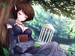  against_tree atomix bench bird book book_hug breasts brown_hair cleavage closed_eyes criss-cross_halter detached_sleeves gazebo gloves grass halter_top halterneck holding holding_book leaf medium_breasts original pointy_ears short_hair sleeping solo tree 