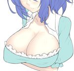  blue_hair blush breast_hold breasts cleavage head_out_of_frame hiroya_juuren huge_breasts kaku_seiga short_hair simple_background solo touhou upper_body 