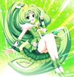  :d big_hair bike_shorts circlet cure_march eyelashes full_body green green_background green_eyes green_hair green_shorts green_skirt happy isumi_(i-spixi) long_hair midorikawa_nao open_mouth ponytail precure shoes shorts shorts_under_skirt skirt smile smile_precure! solo tri_tails v very_long_hair 