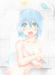  bad_id bad_pixiv_id bathroom blue_eyes blue_hair breast_hold breasts collarbone covering flat_(joppin_karu!) mahou_shoujo_madoka_magica miki_sayaka navel nude open_mouth short_hair shower_head solo steam 