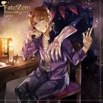  black_eyes blood candle caster_(fate/zero) character_name claws command_spell copyright_name earrings fate/zero fate_(series) head_out_of_frame jacket jewelry kome_(kokomoti) male_focus multiple_boys orange_hair purple_jacket ring scalpel uryuu_ryuunosuke 