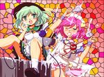  apron bowl chocolate flx green_eyes green_hair hat headdress highres komeiji_koishi komeiji_satori mosaic_background multiple_girls open_mouth pink_eyes pink_hair pot sexually_suggestive siblings sisters spatula stained_glass touhou white_chocolate 