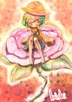  bad_id bad_pixiv_id character_name flower green_eyes green_hair hat highres kaleidoscope komeiji_koishi minigirl on_flower one_eye_closed rose short_hair sitting solo thumbelina touhou yashijin 