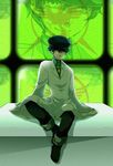  androgynous blue_hair chamame closed_labcoat crossdressing dark_persona labcoat looking_at_viewer necktie pants persona persona_4 reverse_trap scanlines shirogane_naoto shoes sitting smile solo television yellow_eyes zoom_layer 