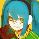  aqua_hair bad_id bad_pixiv_id hatsune_miku headphones lemontea long_hair matryoshka_(vocaloid) multicolored multicolored_eyes solo teeth twintails vocaloid yellow_background zipper 