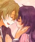  1girl blush brown_hair closed_eyes couple embarrassed face-to-face flower formal hand_on_another's_face happy hetero long_hair mirai_nikki necktie nishijima_masumi open_mouth purple_hair smile suit t0day8 uryuu_minene 