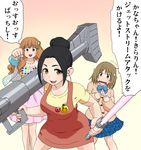  3girls apron bazooka black_tri-stars comic dom ebihara_naho energy_sword grenade_launcher gundam hair_ornament idolmaster idolmaster_cinderella_girls jet_stream_attack mimura_kanako moroboshi_kirari multiple_girls star star_hair_ornament sword translated wata_do_chinkuru weapon 